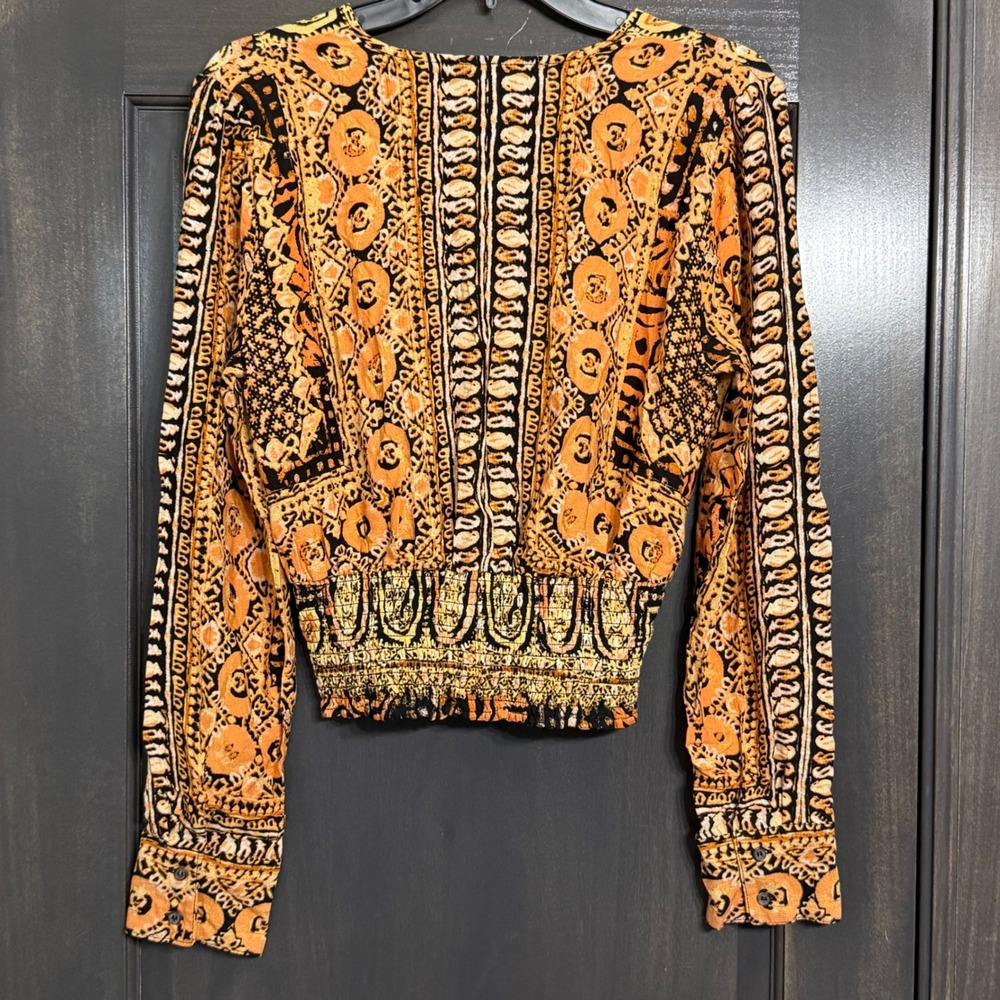 Free People Womens Orange Paisley Medallion Smocked Waist V-Neck Blouse Size M - Picture 7 of 8